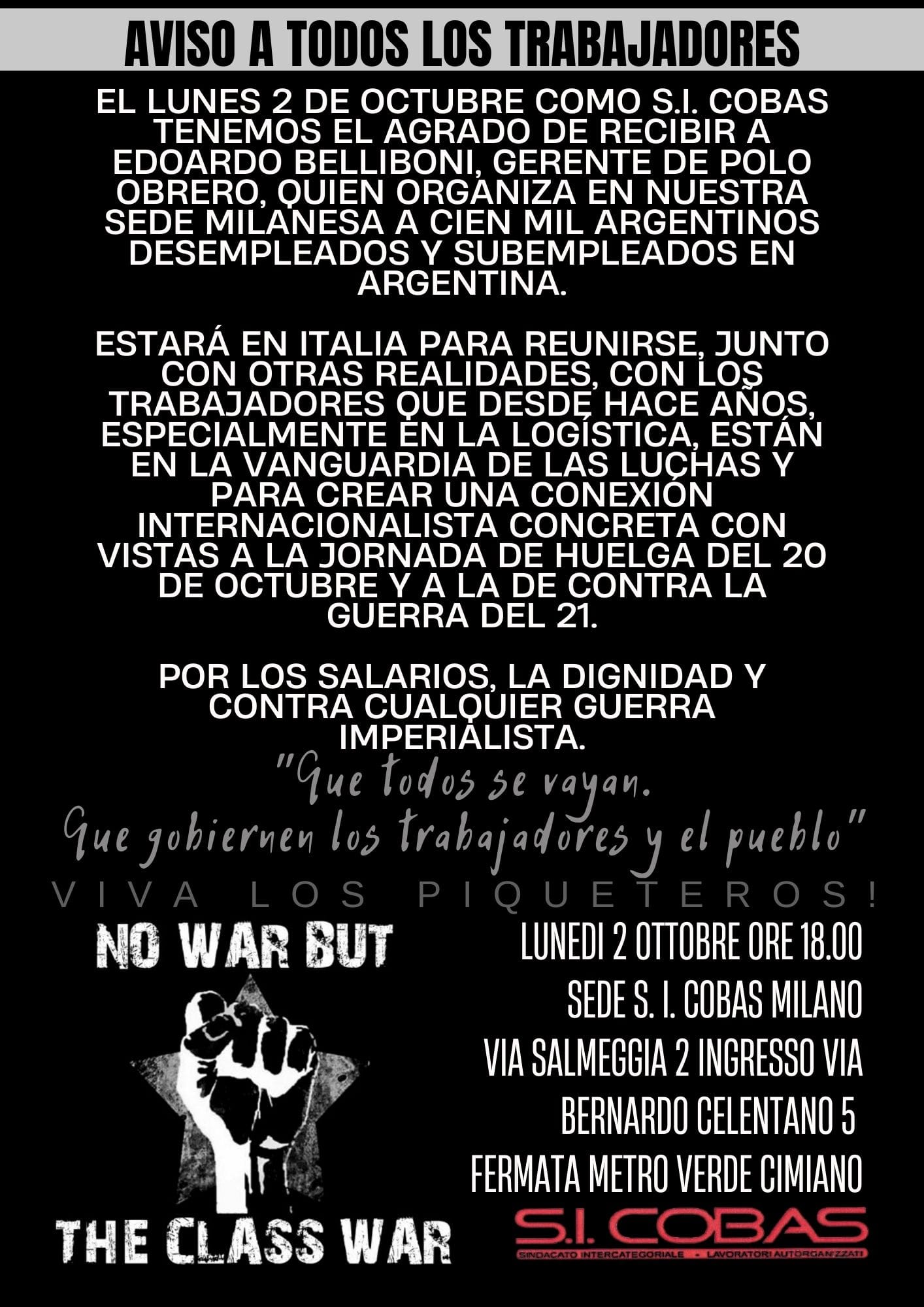 Il Polo Obrero dall’Argentina a Milano, lunedì 2 ottobre, nella sede del SI Cobas
