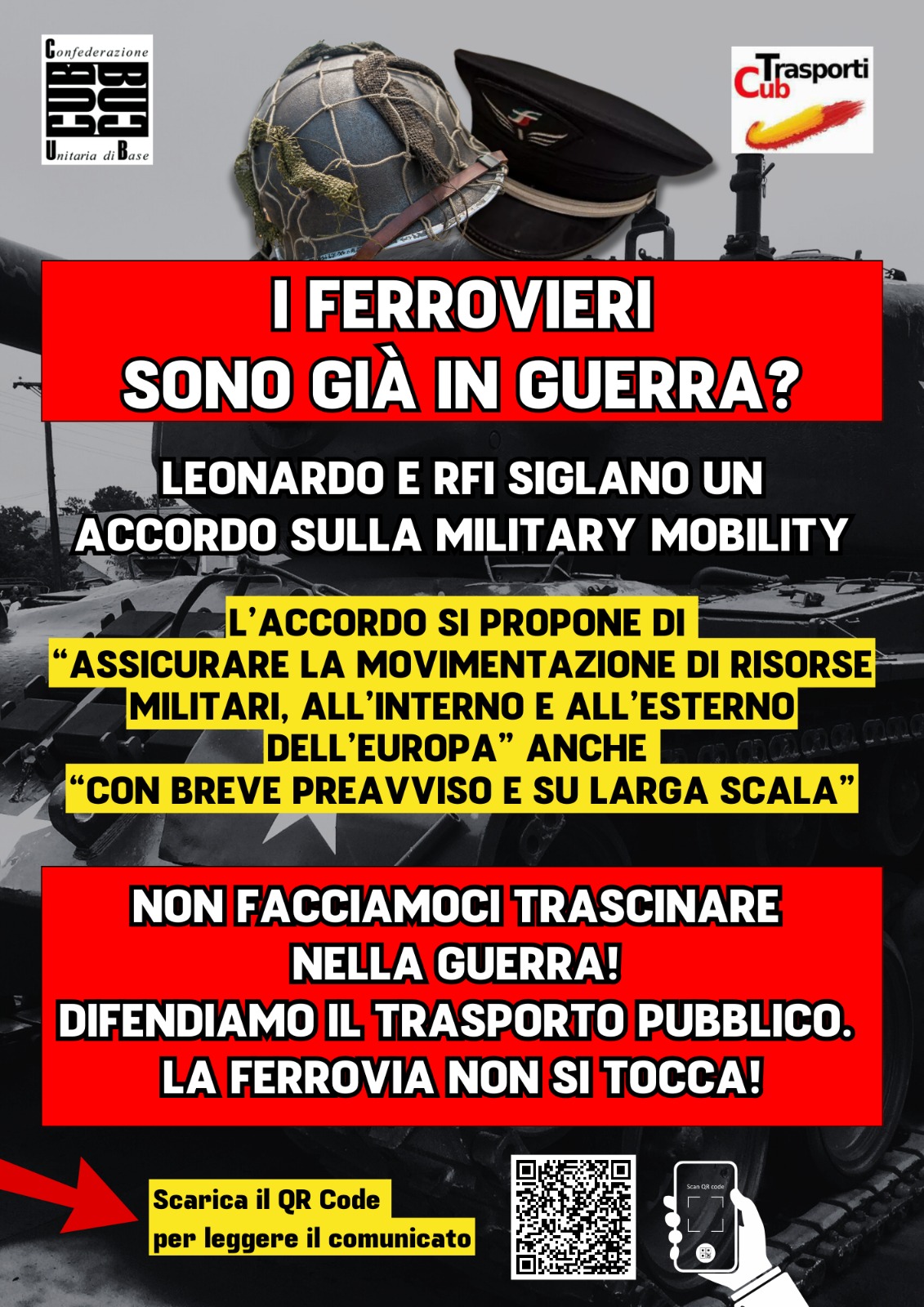 “Non facciamoci trascinare nella guerra!” (contro l’accordo tra RFI e Leonardo) – CUB Trasporti