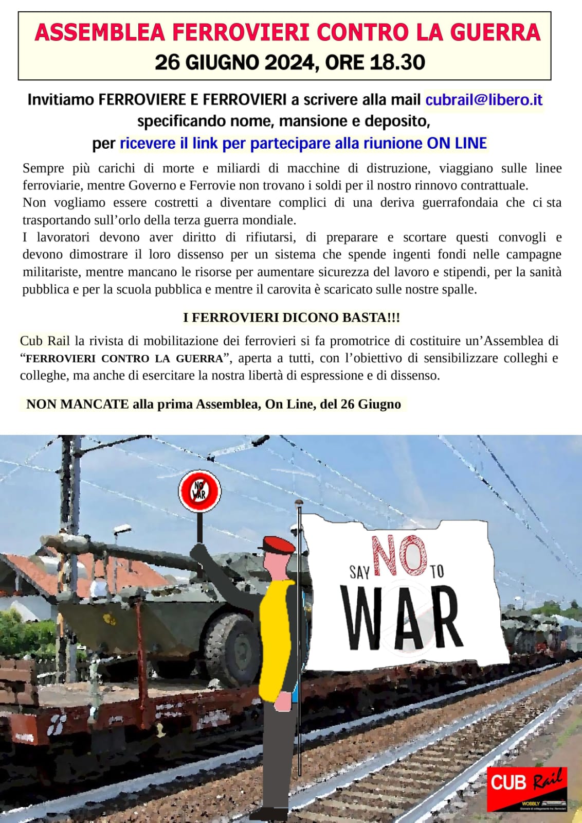 Assemblea dei ferrovieri contro la guerra il 26 giugno, ore 18.30