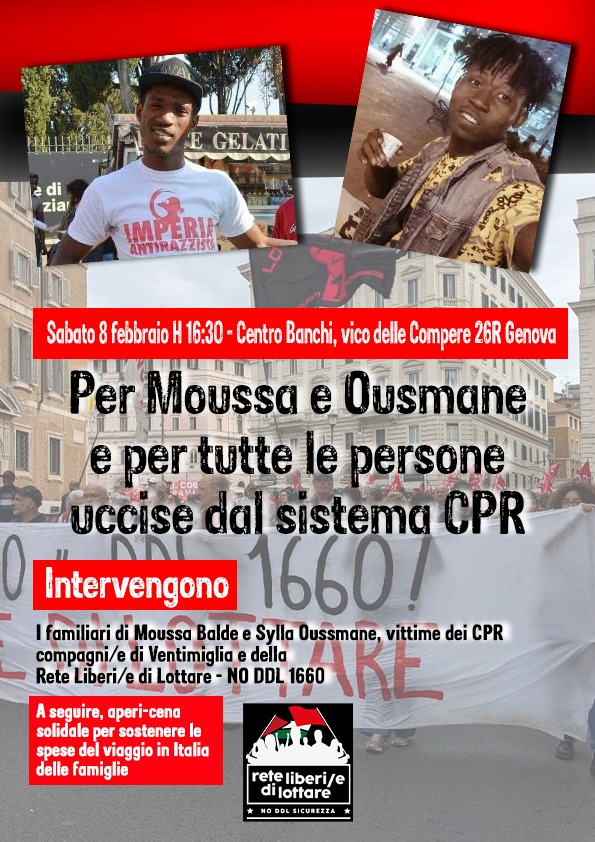 Per Moussa, Ousmane e tutte le persone uccise nei CPR – Genova, sabato 8 febbraio, Rete Libere/i di lottare contro il DDL 1660