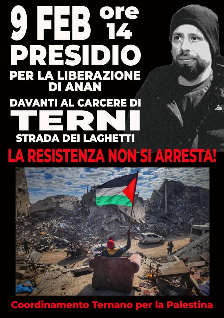 Terni – domenica 9 febbraio, ore 14, presidio davanti al carcere per Anan Yaeesh
