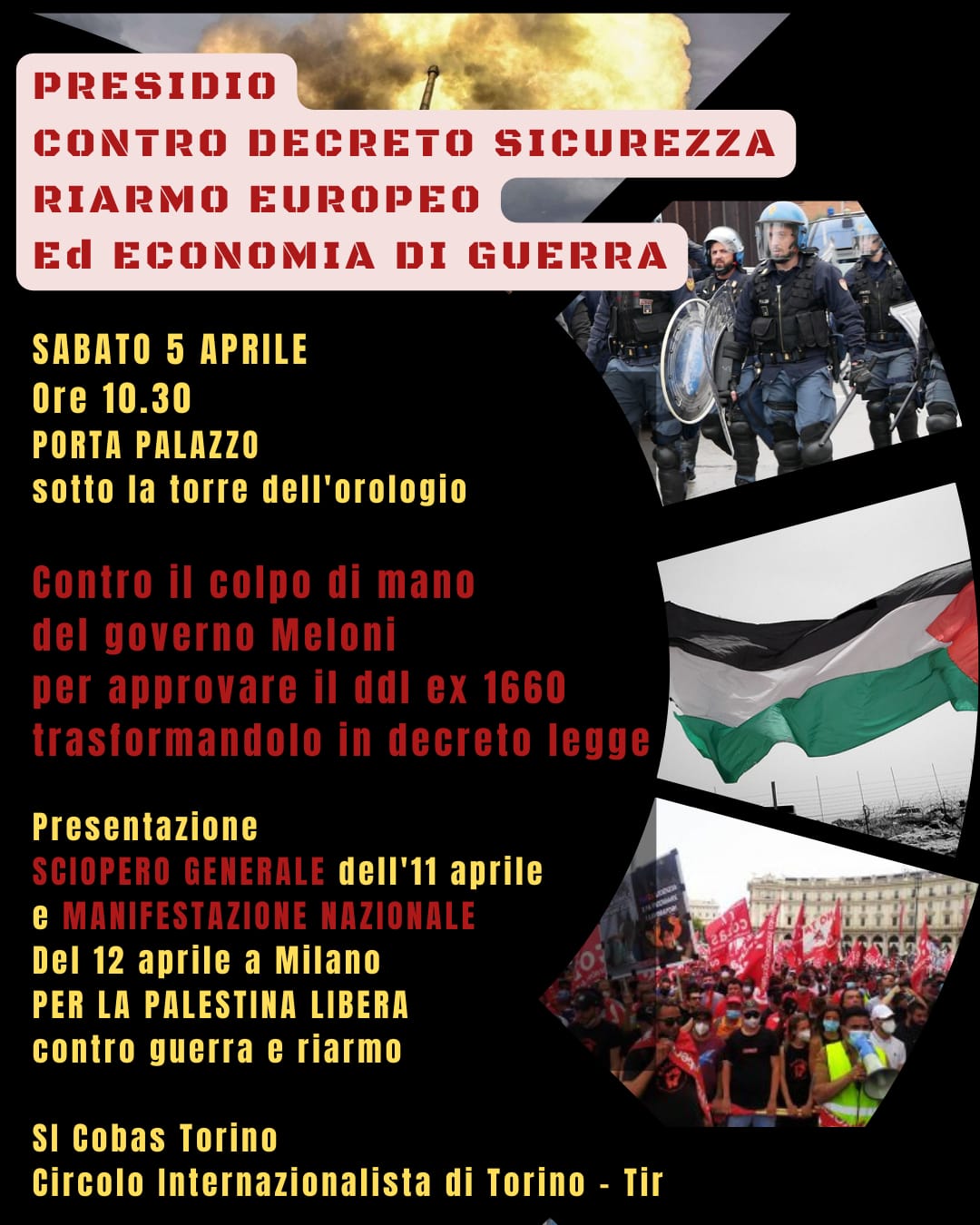 Torino, sabato 5 aprile: presidio contro decreto sicurezza, riarmo europeo, economia di guerra – SI Cobas / TIR