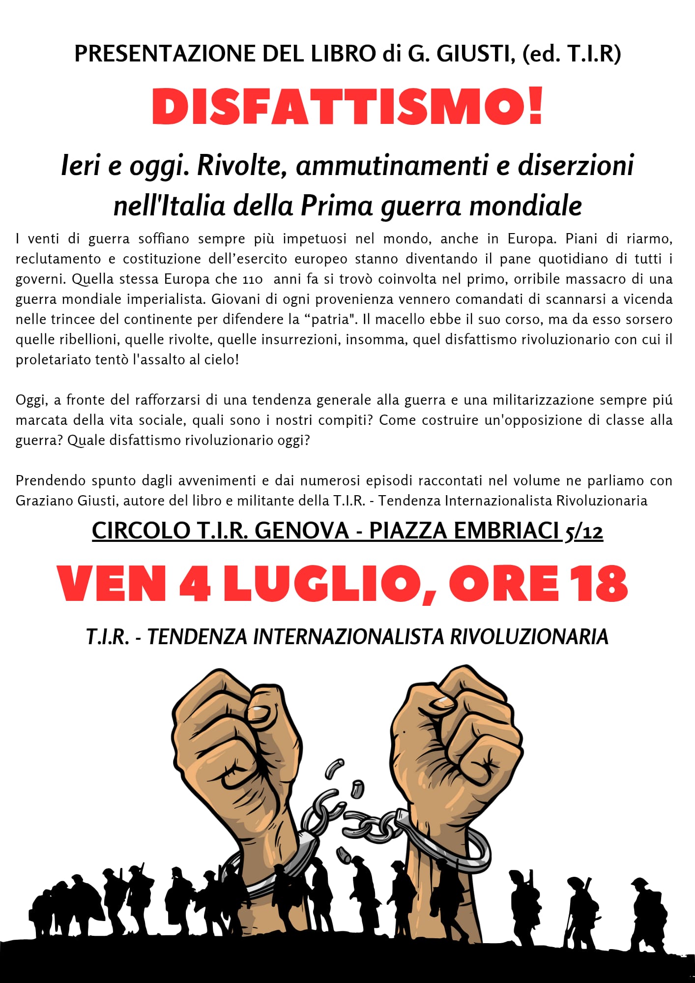 Genova, venerdì 4 luglio, ore 18: presentazione del libro di G. Giusti, Disfattismo – TIR