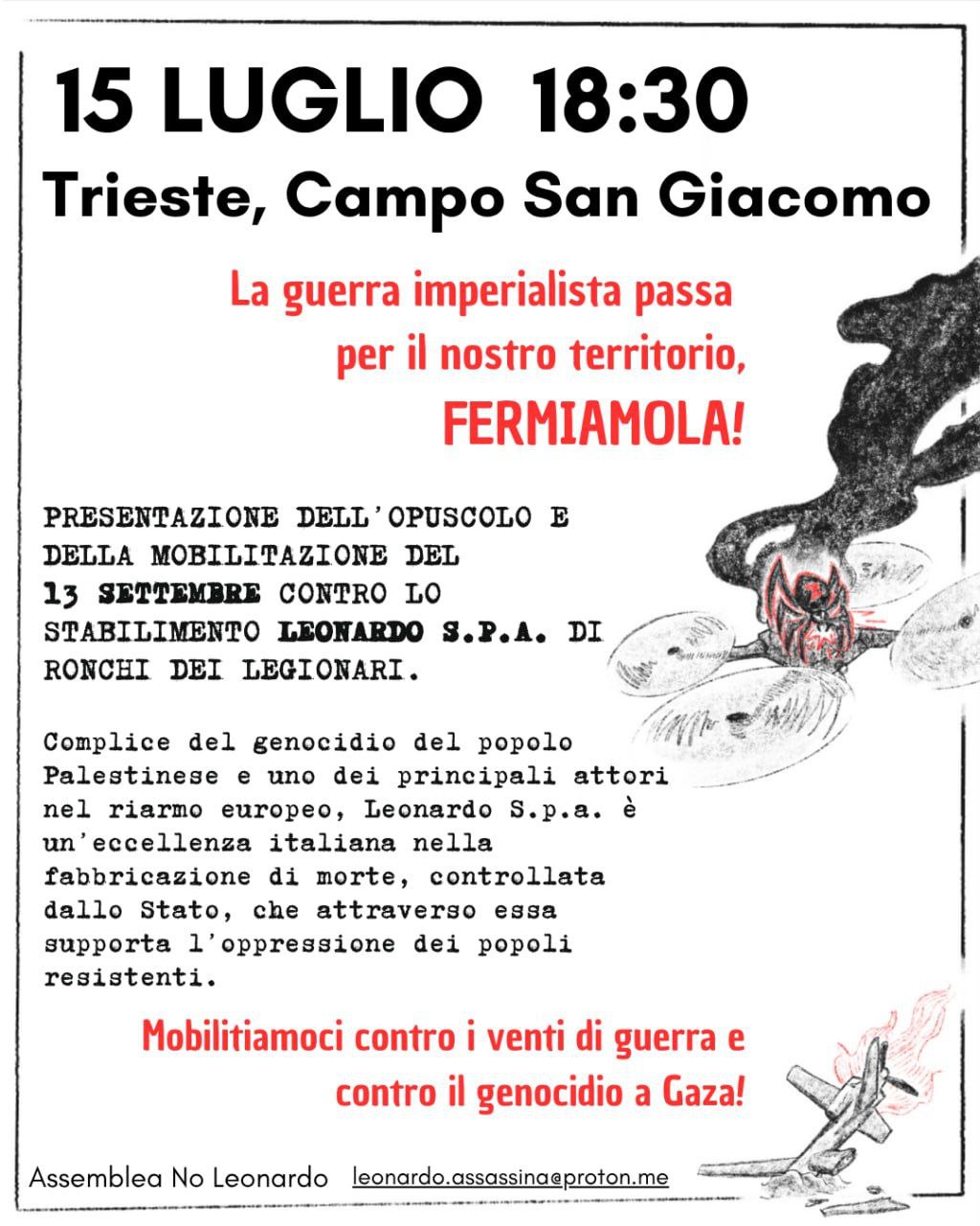 Trieste, 15 luglio, ore 18.30. Iniziativa contro Leonardo, fabbrica di morte