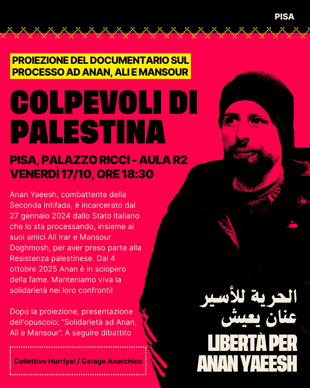 Pisa, venerdì 17 ottobre: “Colpevoli di Palestina”, per Anan, Ali e Mansour