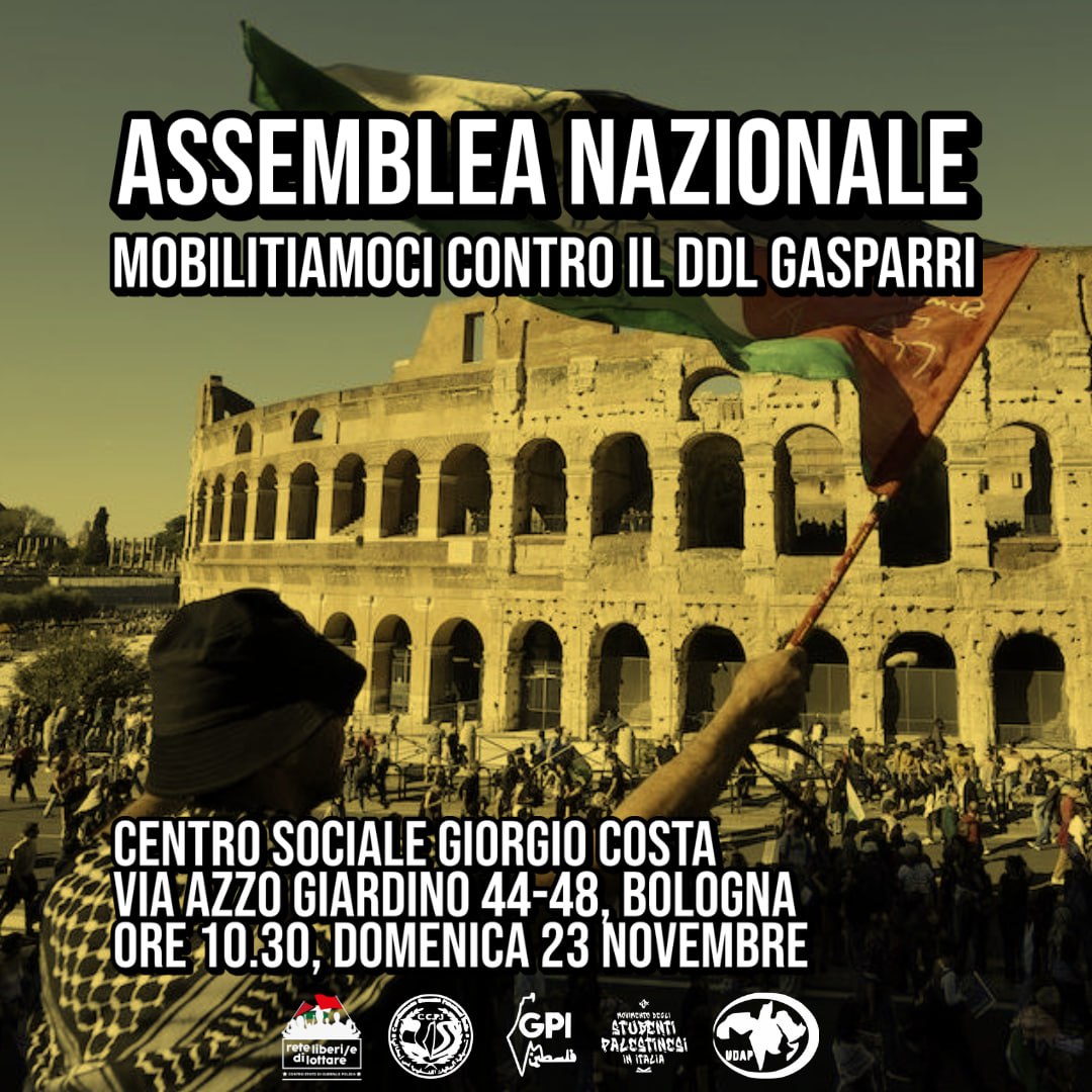 Mobilitiamoci  contro il DDL Gasparri! Assemblea nazionale  a Bologna, domenica 23 novembre, Centro sociale Costa, ore 10.30 – Rete Libere/i di lottare e associazioni palestinesi