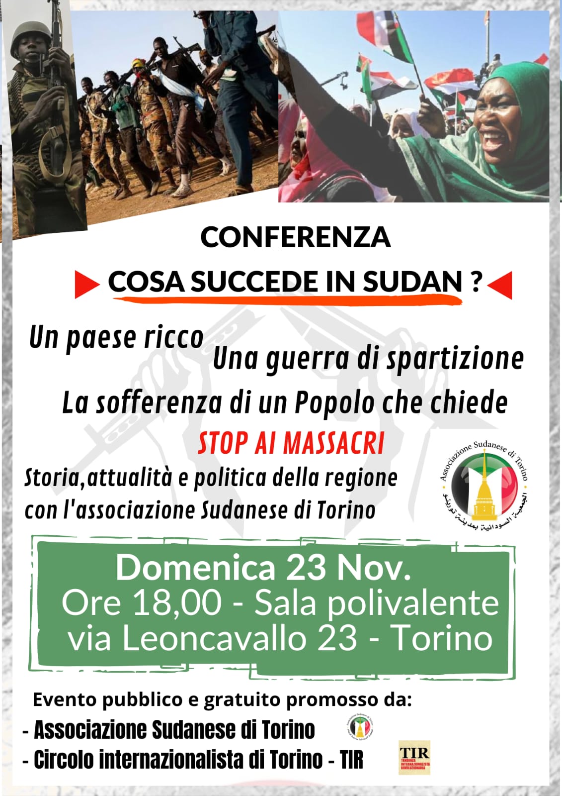 Cosa sta succedendo in Sudan? – Torino, assemblea pubblica, domenica 23 novembre ore 18 – Associazione sudanese di Torino, TIR