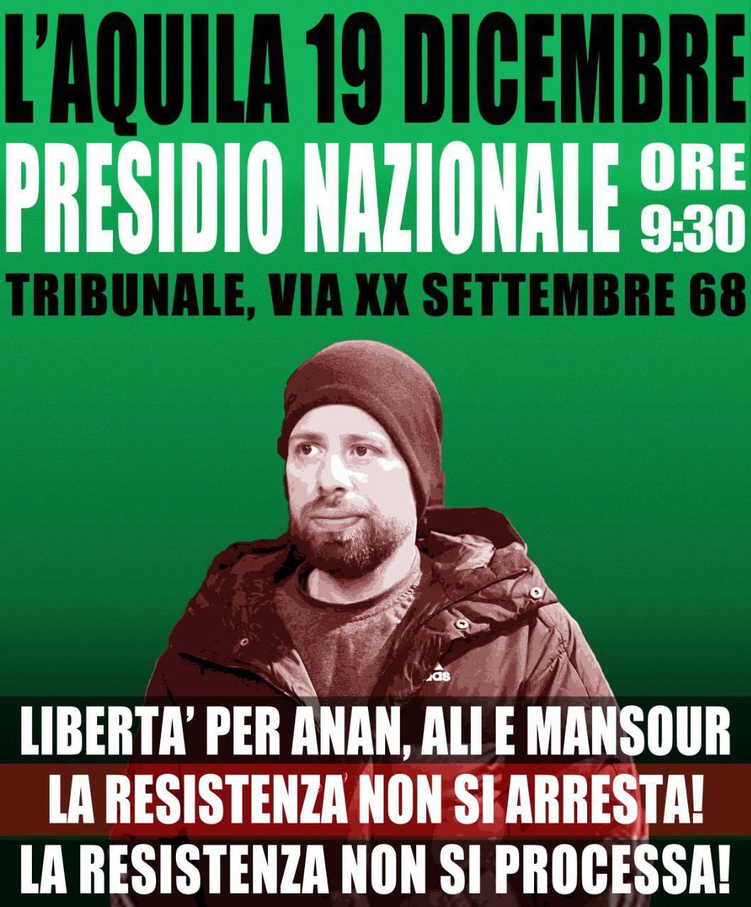 L’Aquila, 19 dicembre, ore 9.30. Presidio nazionale per la libertà di Anan, Ali Irar e Mansour Doghmosh