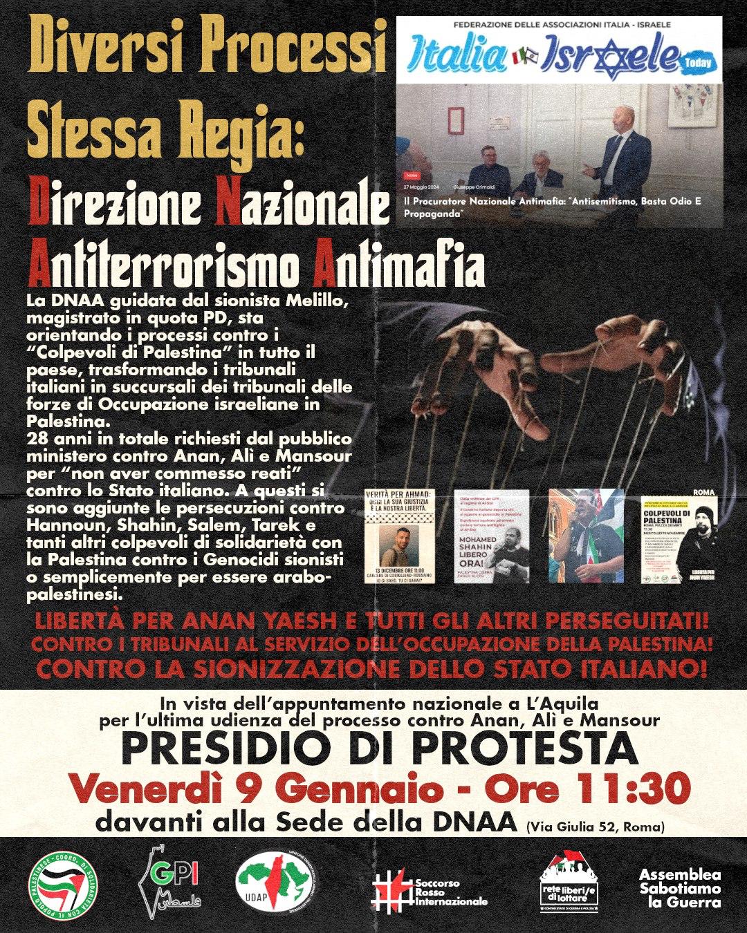 Libertà per Anan Yaeesh e tutti i “colpevoli di Palestina” – Presidio di protesta a Roma, 9 gennaio, ore 11.30 davanti alla DNAA