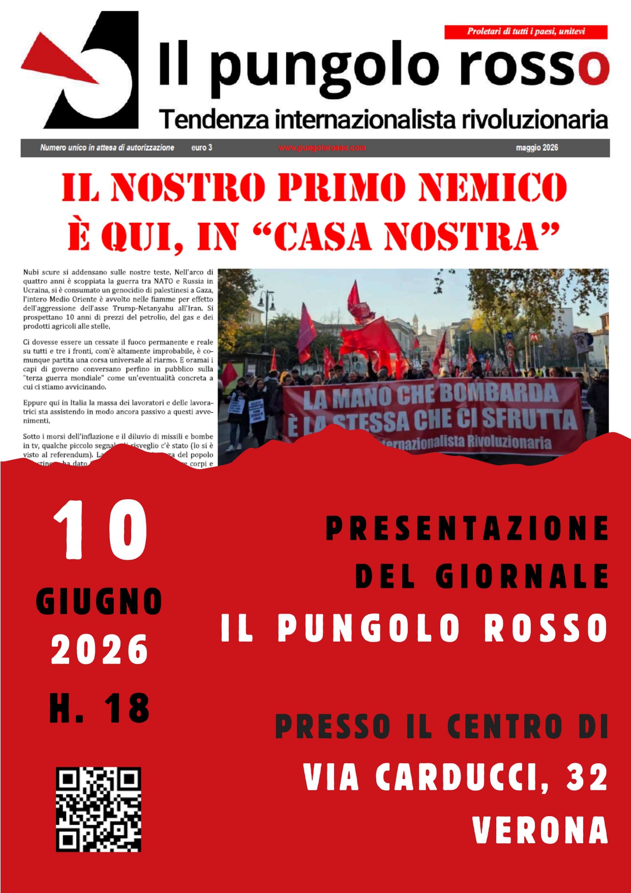 Verona – Milano: mercoledì 10 giugno, presentazioni del giornale “Il Pungolo rosso”